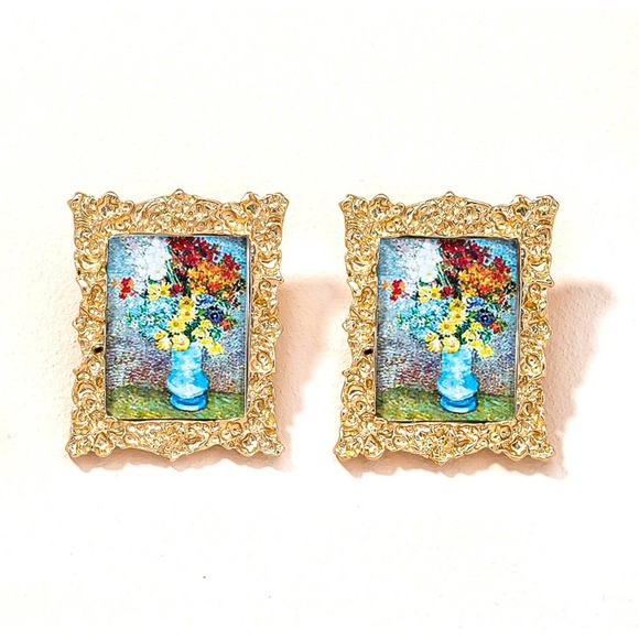 Vincent Van Gogh FLOWERS in a BLUE VASE in Ornate Frame Stud Earrings NEW! 701 - Picture 1 of 4